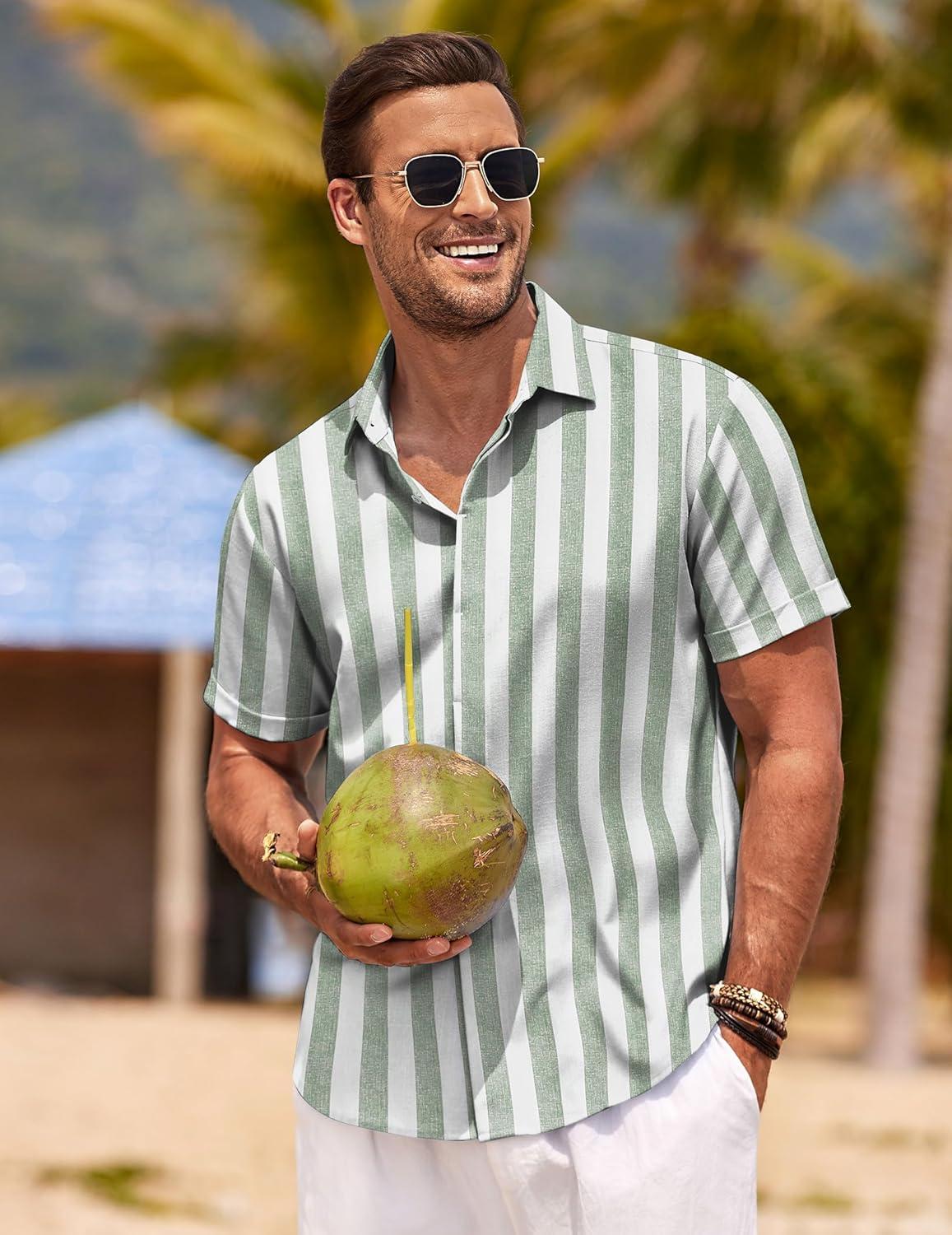 imageCOOFANDY Mens Linen Shirts Short Sleeve Casual Shirts Button Down Shirt for Men Beach Summer Wedding ShirtLight Greenwhite Stripes