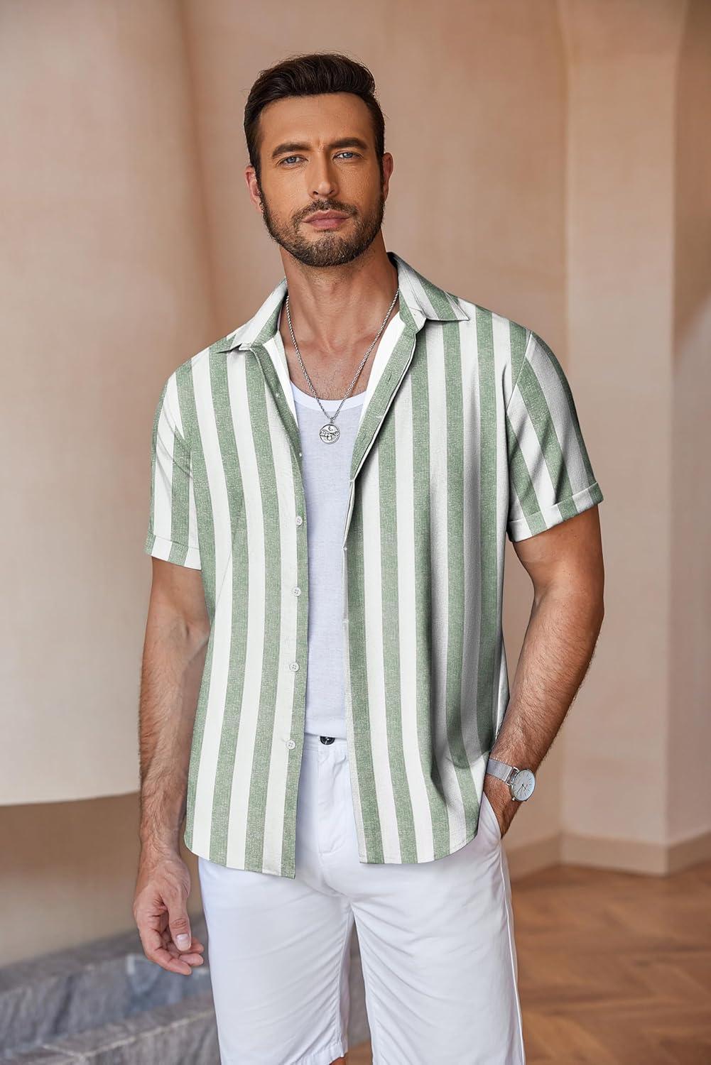 imageCOOFANDY Mens Linen Shirts Short Sleeve Casual Shirts Button Down Shirt for Men Beach Summer Wedding ShirtLight Greenwhite Stripes
