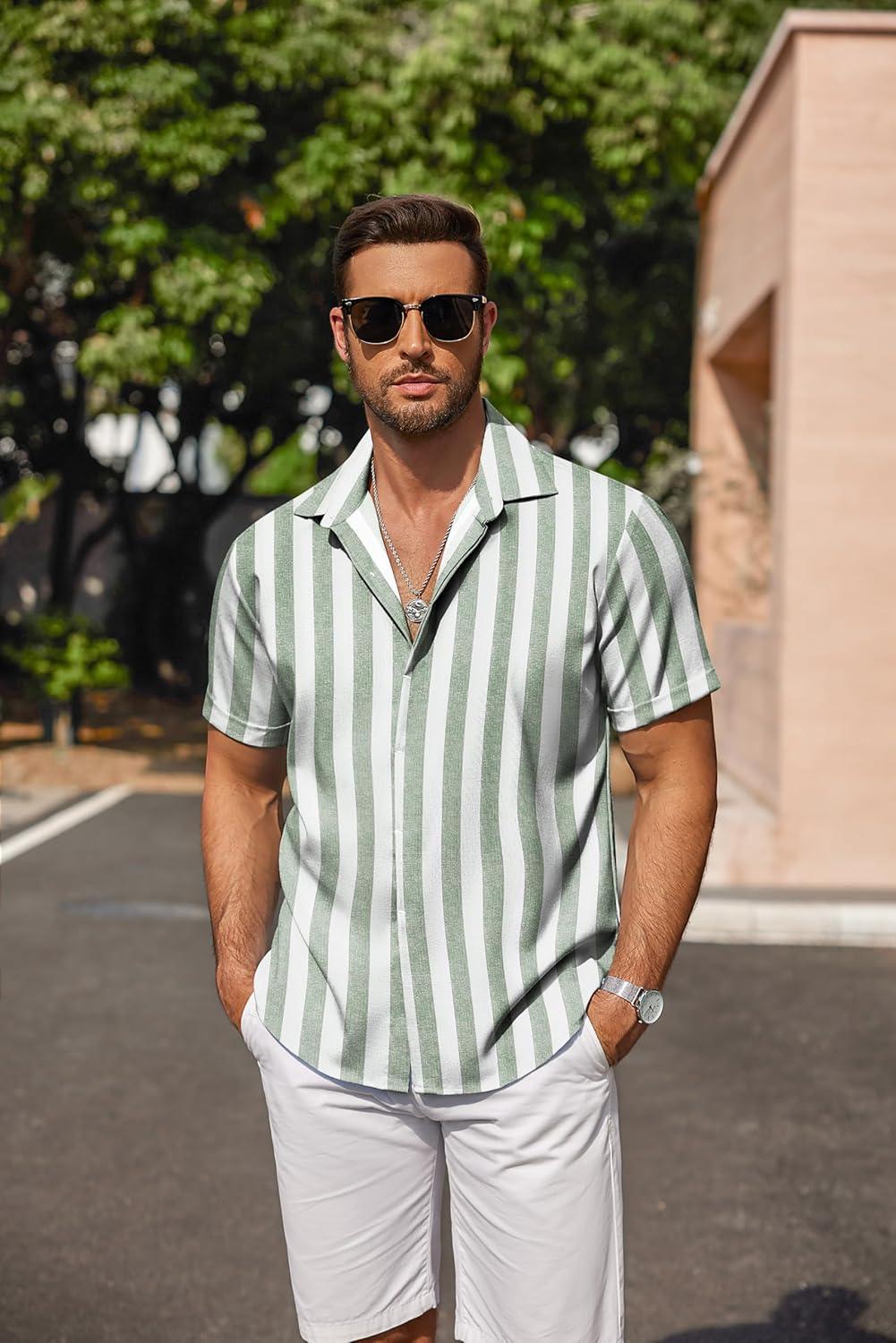 imageCOOFANDY Mens Linen Shirts Short Sleeve Casual Shirts Button Down Shirt for Men Beach Summer Wedding ShirtLight Greenwhite Stripes
