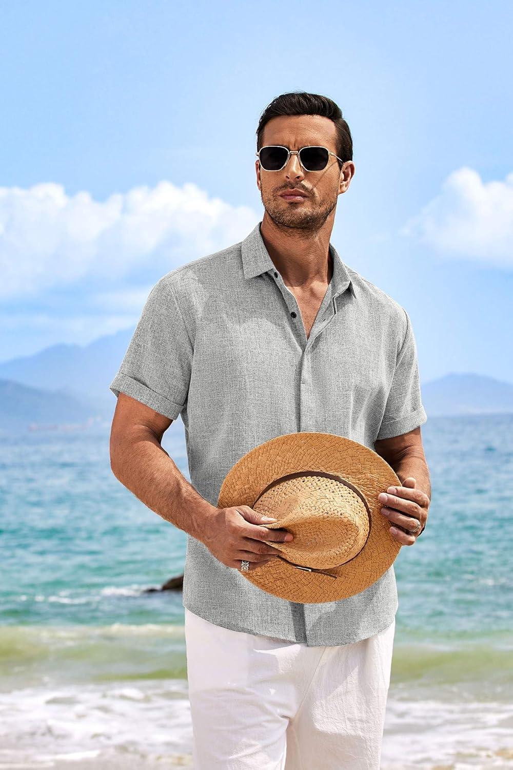 imageCOOFANDY Mens Linen Shirts Short Sleeve Casual Shirts Button Down Shirt for Men Beach Summer Wedding ShirtLight Grey