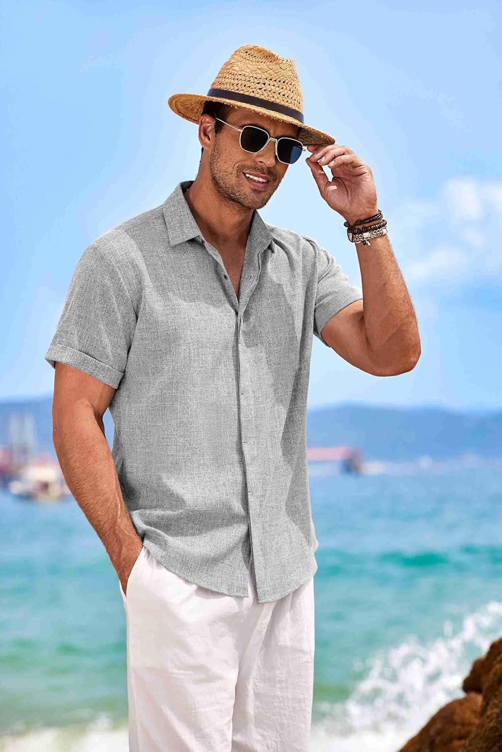 imageCOOFANDY Mens Linen Shirts Short Sleeve Casual Shirts Button Down Shirt for Men Beach Summer Wedding ShirtLight Grey