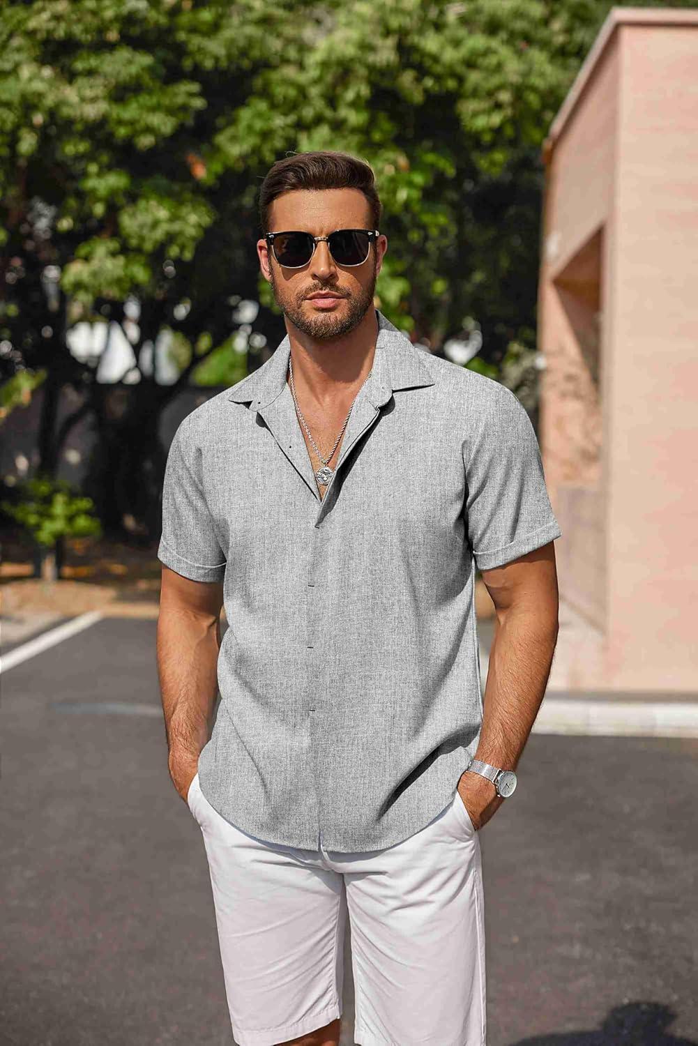 imageCOOFANDY Mens Linen Shirts Short Sleeve Casual Shirts Button Down Shirt for Men Beach Summer Wedding ShirtLight Grey