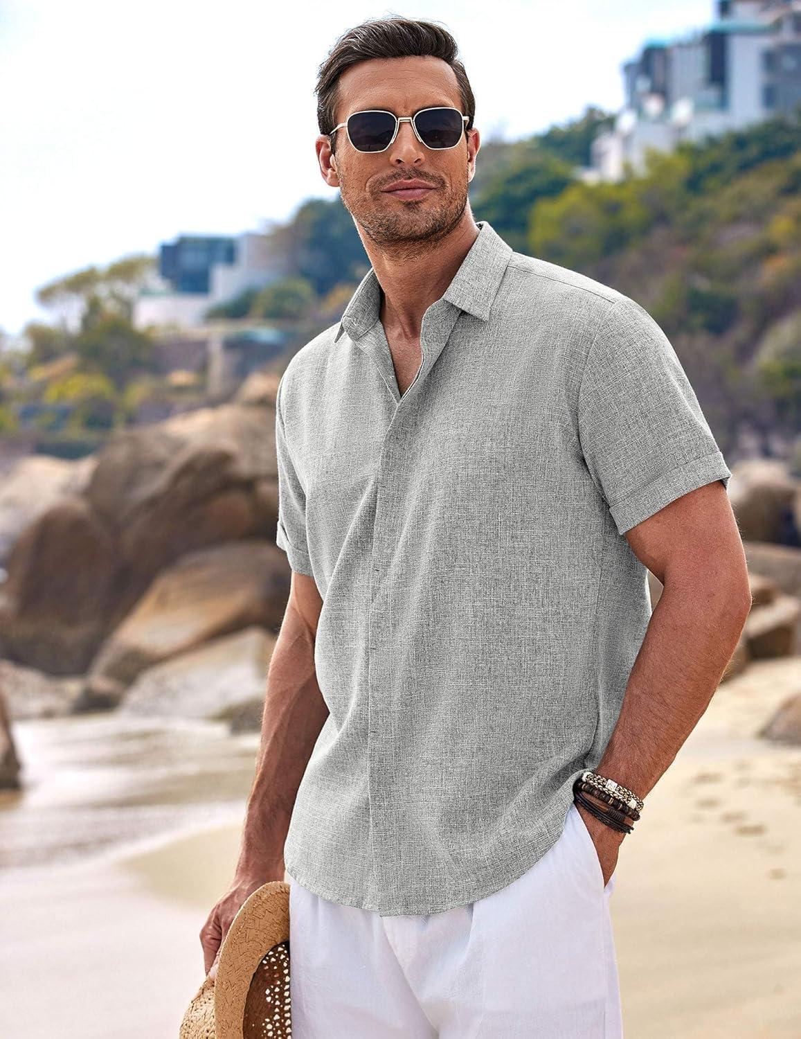 imageCOOFANDY Mens Linen Shirts Short Sleeve Casual Shirts Button Down Shirt for Men Beach Summer Wedding ShirtLight Grey