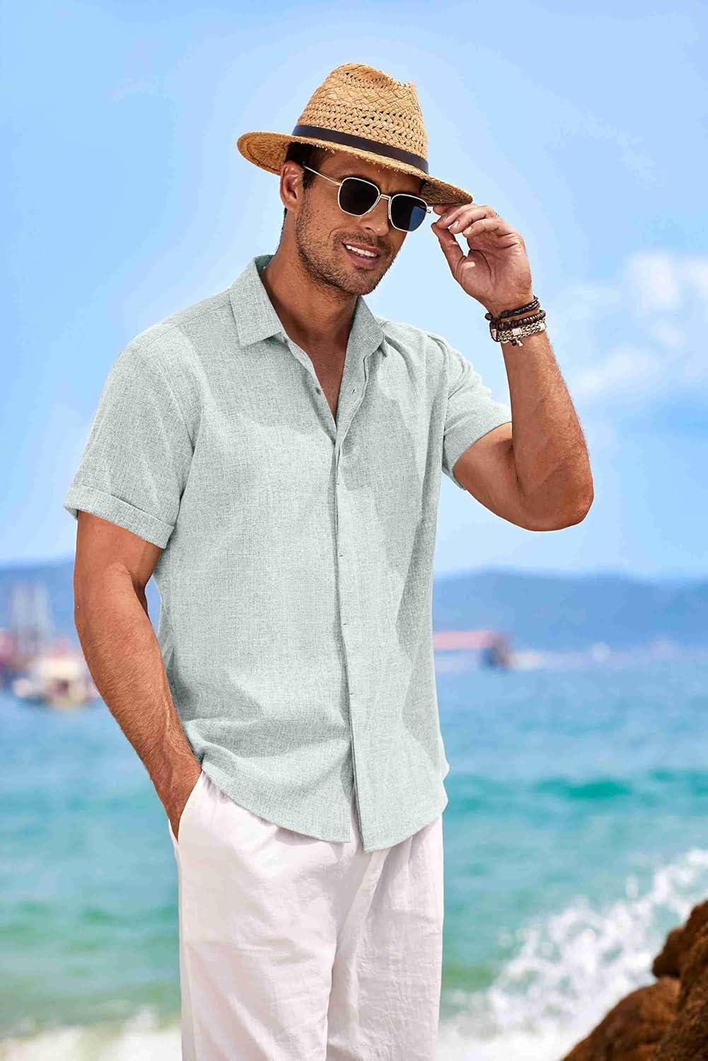 imageCOOFANDY Mens Linen Shirts Short Sleeve Casual Shirts Button Down Shirt for Men Beach Summer Wedding ShirtMint Blue