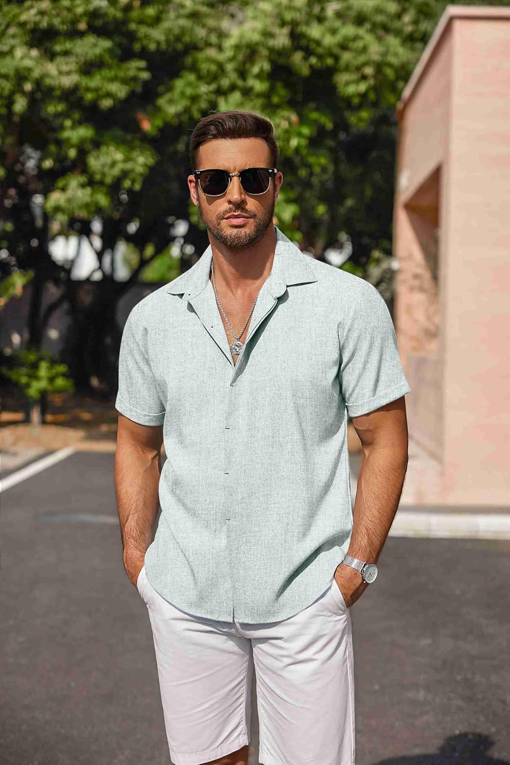 imageCOOFANDY Mens Linen Shirts Short Sleeve Casual Shirts Button Down Shirt for Men Beach Summer Wedding ShirtMint Blue