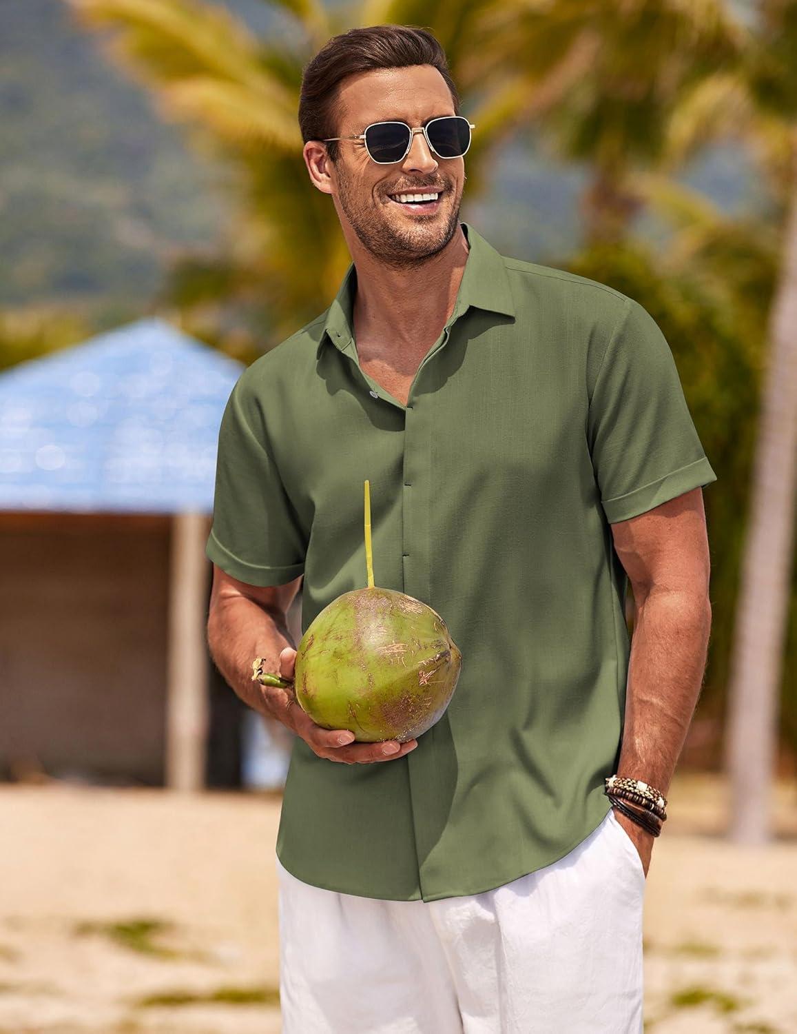 imageCOOFANDY Mens Linen Shirts Short Sleeve Casual Shirts Button Down Shirt for Men Beach Summer Wedding ShirtOlive Green
