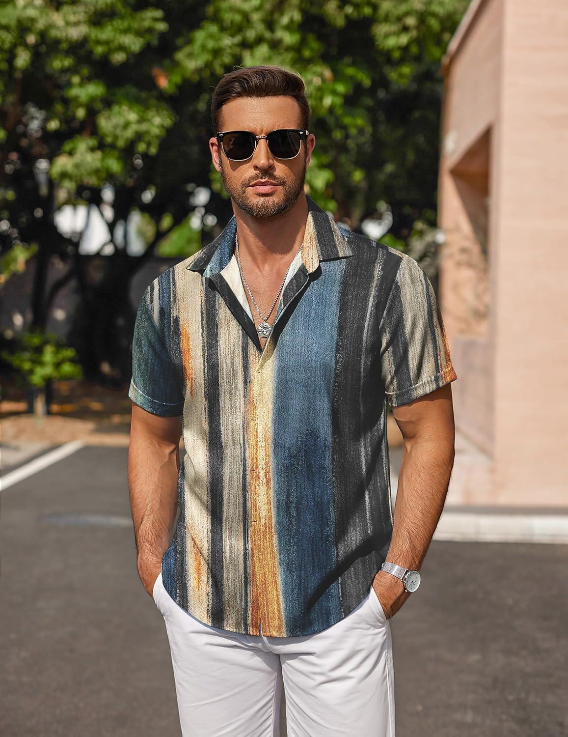 imageCOOFANDY Mens Linen Shirts Short Sleeve Casual Shirts Button Down Shirt for Men Beach Summer Wedding ShirtPainting