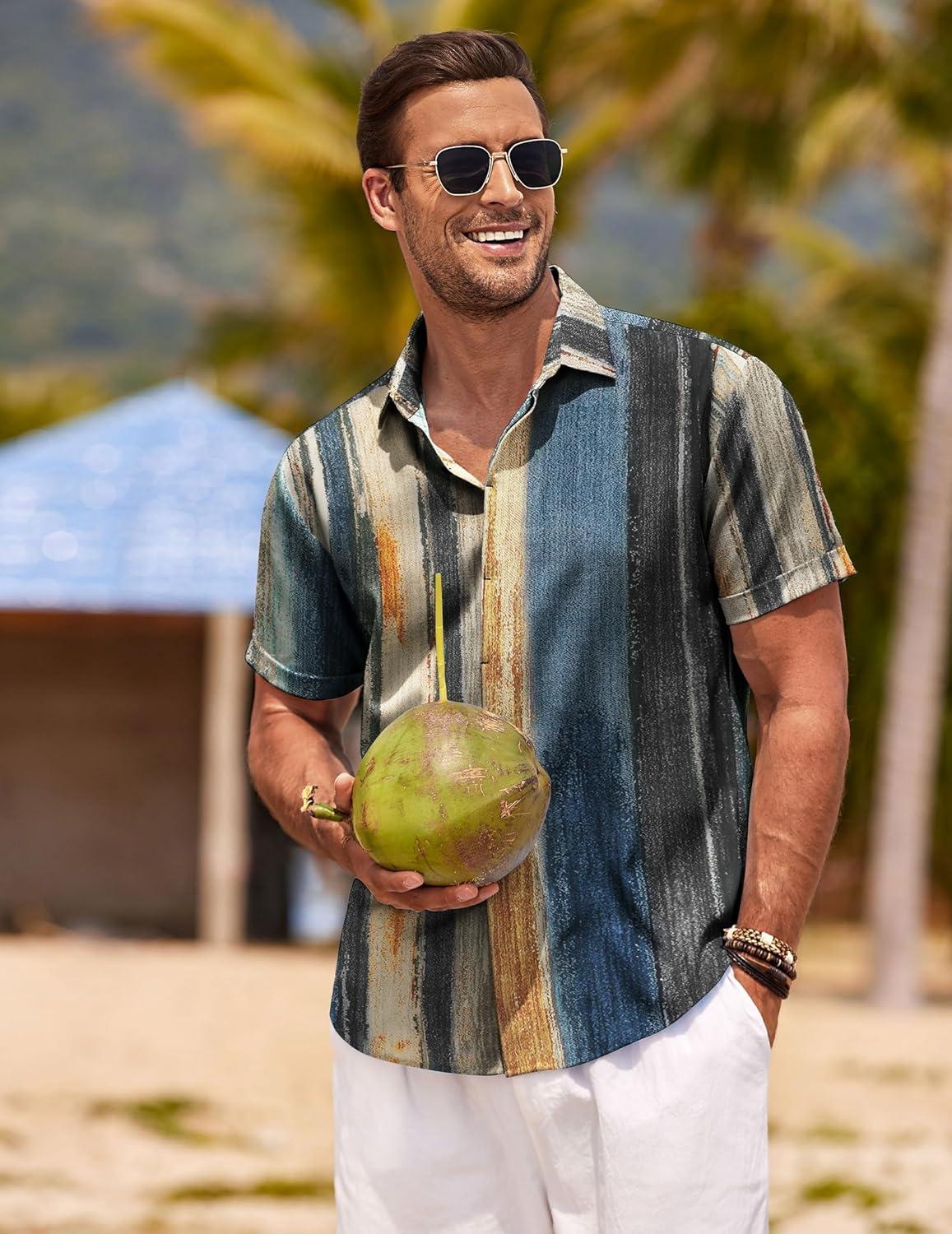 imageCOOFANDY Mens Linen Shirts Short Sleeve Casual Shirts Button Down Shirt for Men Beach Summer Wedding ShirtPainting