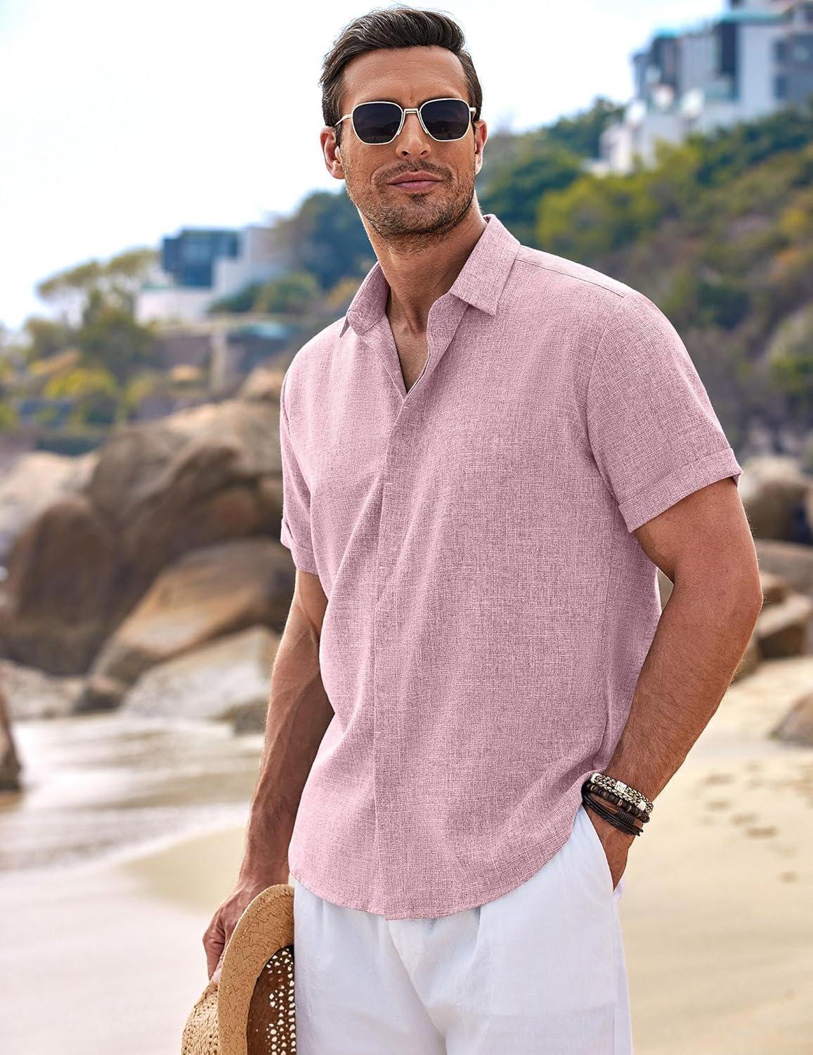 imageCOOFANDY Mens Linen Shirts Short Sleeve Casual Shirts Button Down Shirt for Men Beach Summer Wedding ShirtPink