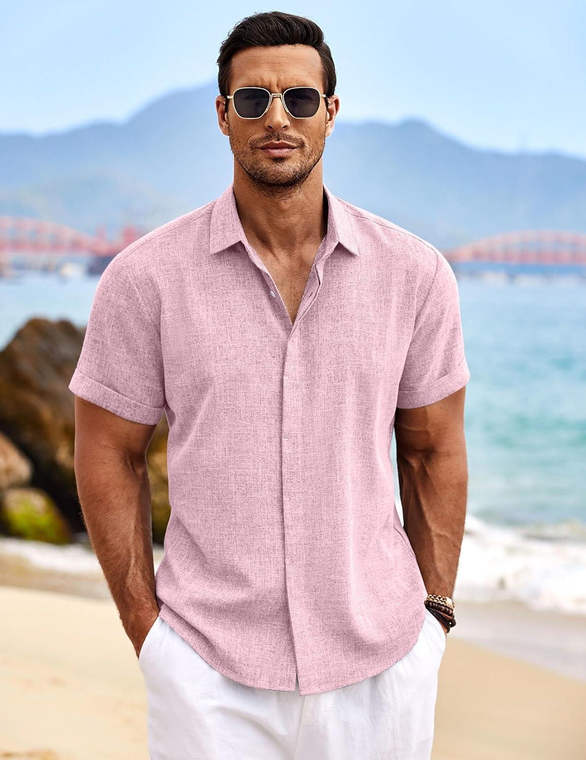 imageCOOFANDY Mens Linen Shirts Short Sleeve Casual Shirts Button Down Shirt for Men Beach Summer Wedding ShirtPink