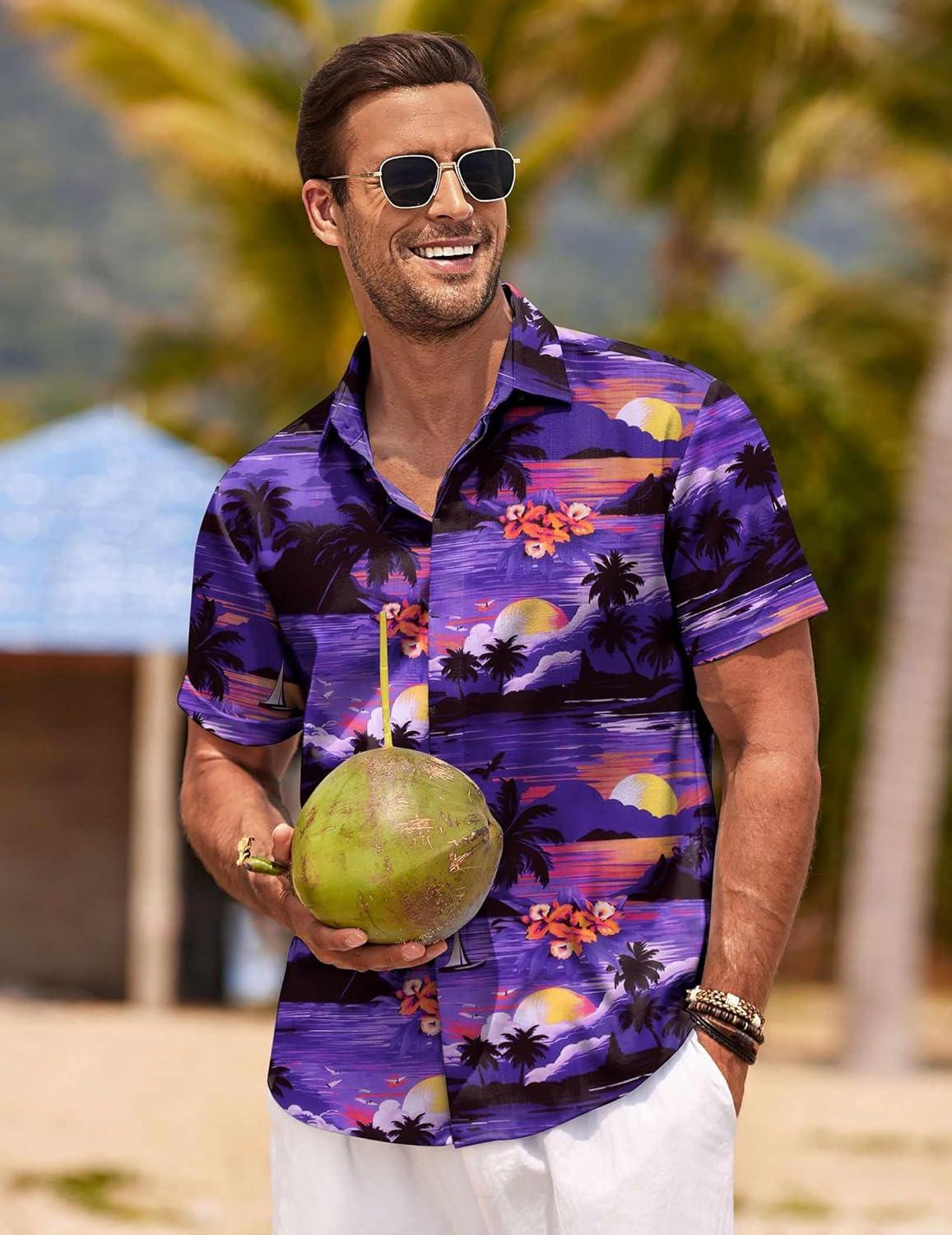 imageCOOFANDY Mens Linen Shirts Short Sleeve Casual Shirts Button Down Shirt for Men Beach Summer Wedding ShirtSunsetblue Purple