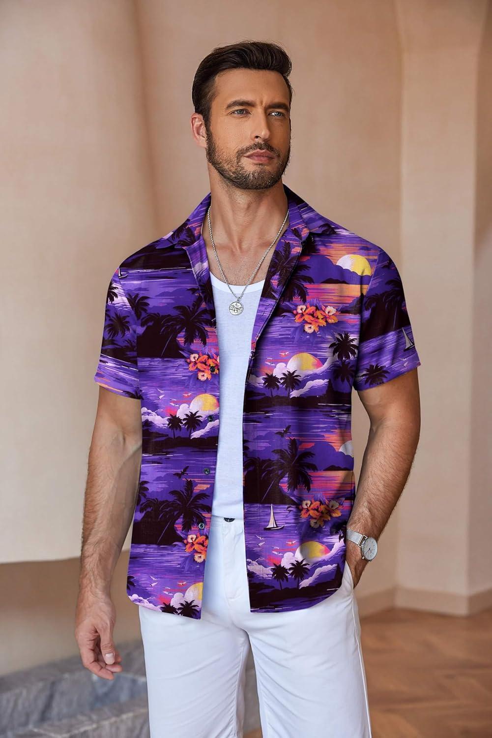 imageCOOFANDY Mens Linen Shirts Short Sleeve Casual Shirts Button Down Shirt for Men Beach Summer Wedding ShirtSunsetblue Purple