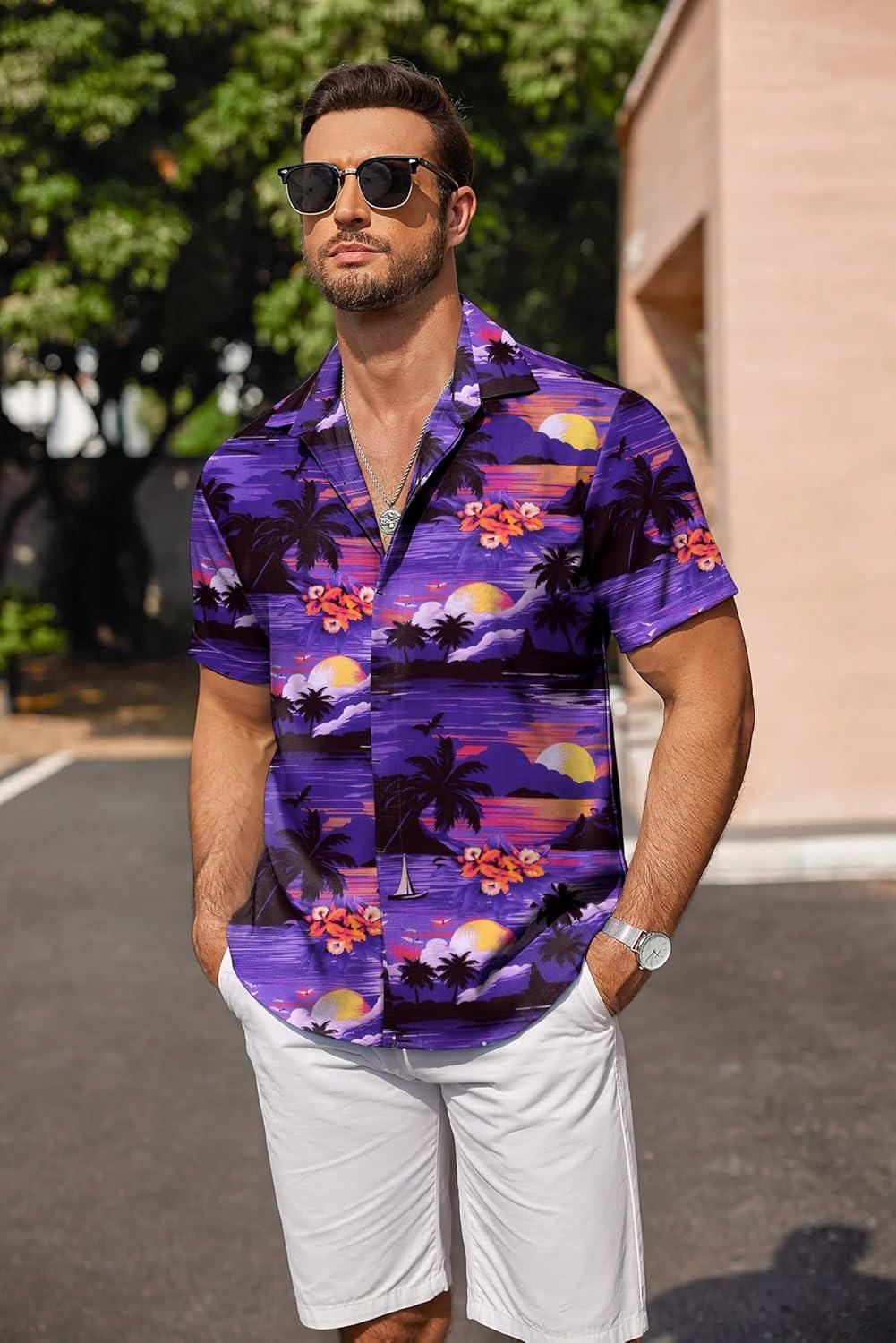 imageCOOFANDY Mens Linen Shirts Short Sleeve Casual Shirts Button Down Shirt for Men Beach Summer Wedding ShirtSunsetblue Purple