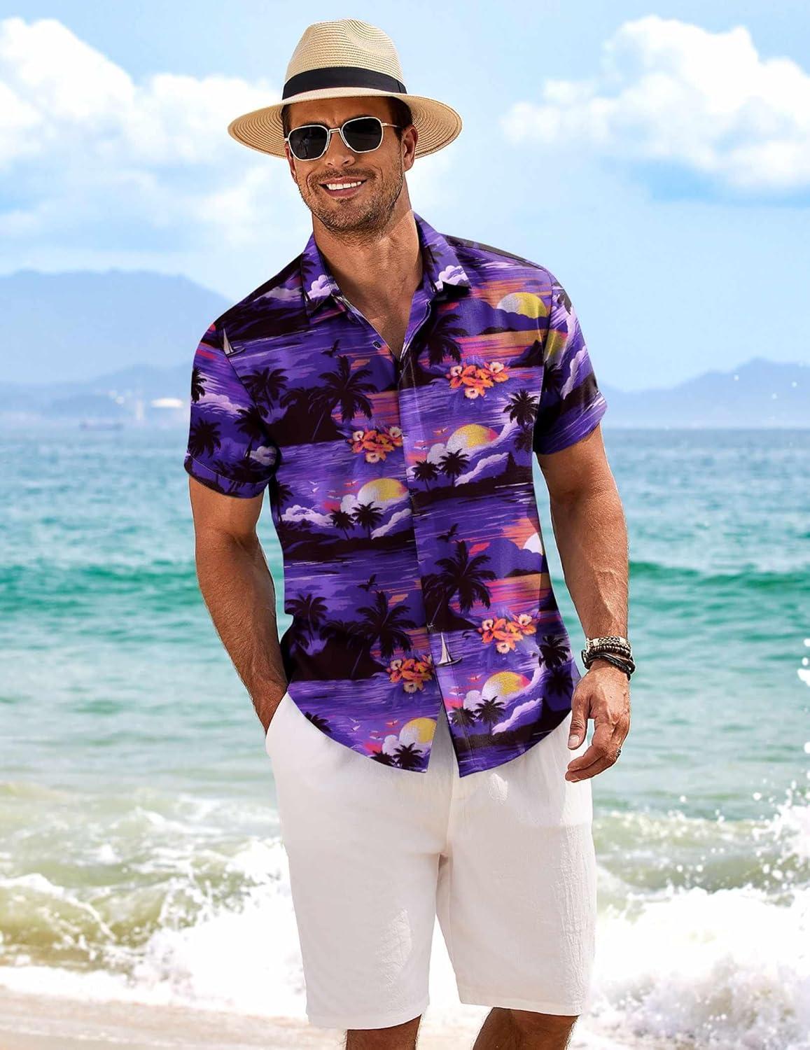 imageCOOFANDY Mens Linen Shirts Short Sleeve Casual Shirts Button Down Shirt for Men Beach Summer Wedding ShirtSunsetblue Purple