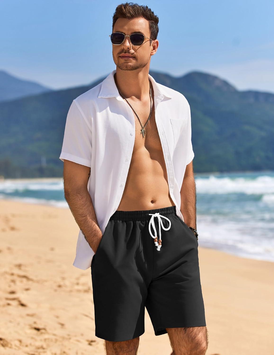 imageCOOFANDY Mens Linen Shorts Casual Drawstring Elastic Waist Lightweight Summer Vacation Beach ShortsBlack