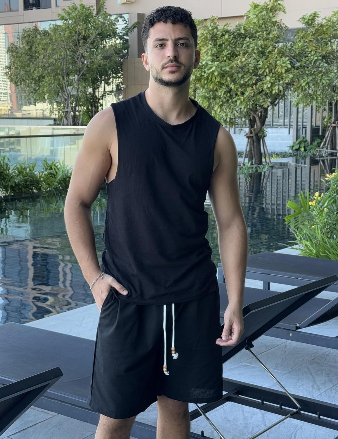 imageCOOFANDY Mens Linen Shorts Casual Drawstring Elastic Waist Lightweight Summer Vacation Beach ShortsBlack