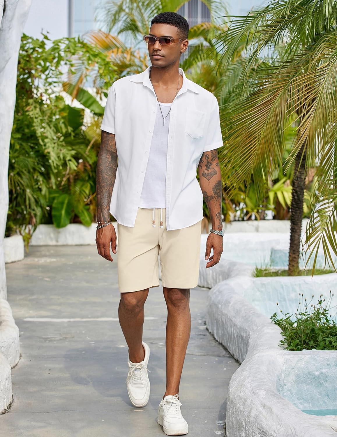 imageCOOFANDY Mens Linen Shorts Casual Drawstring Elastic Waist Lightweight Summer Vacation Beach ShortsCream