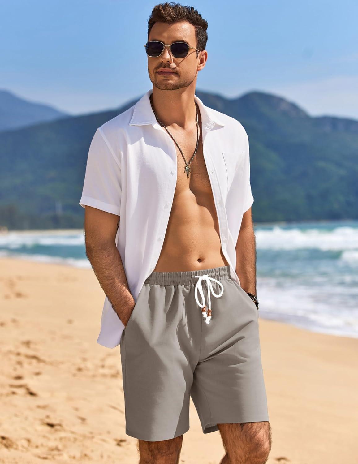 imageCOOFANDY Mens Linen Shorts Casual Drawstring Elastic Waist Lightweight Summer Vacation Beach ShortsDark Grey