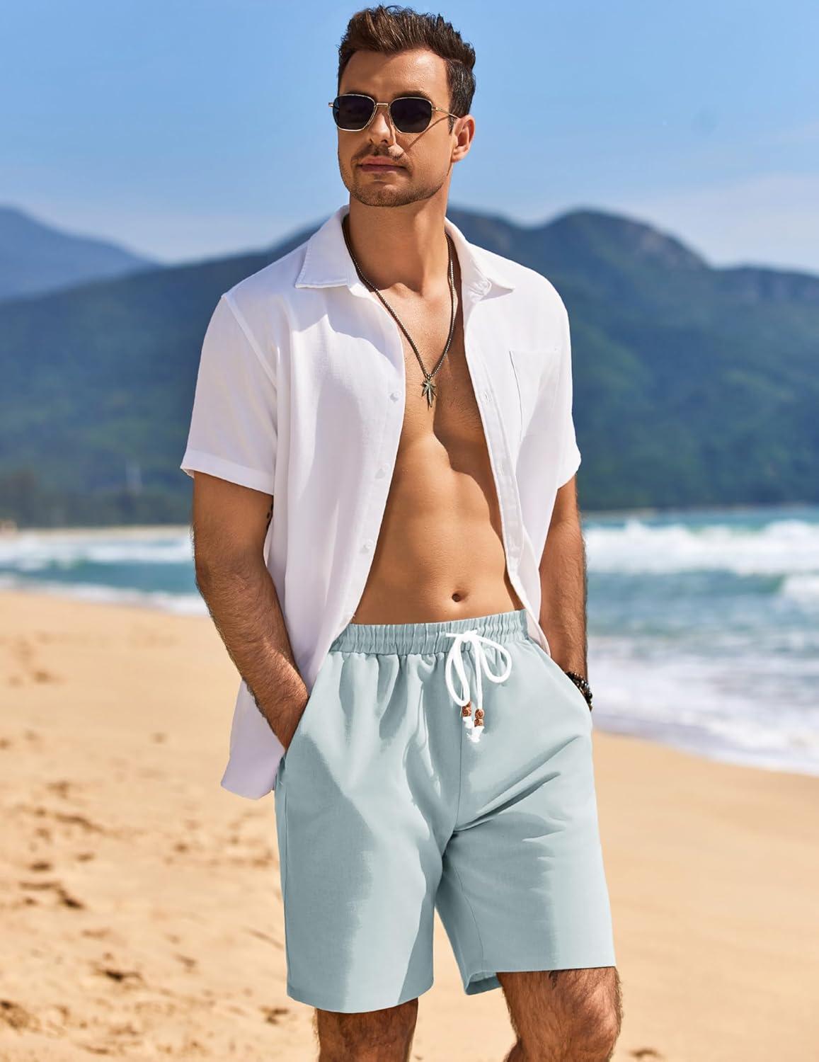 imageCOOFANDY Mens Linen Shorts Casual Drawstring Elastic Waist Lightweight Summer Vacation Beach ShortsLight Blue
