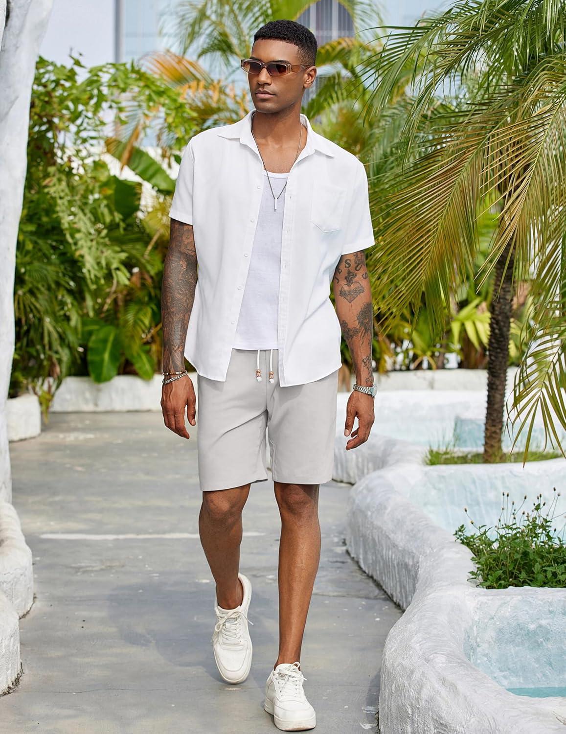 imageCOOFANDY Mens Linen Shorts Casual Drawstring Elastic Waist Lightweight Summer Vacation Beach ShortsLight Grey