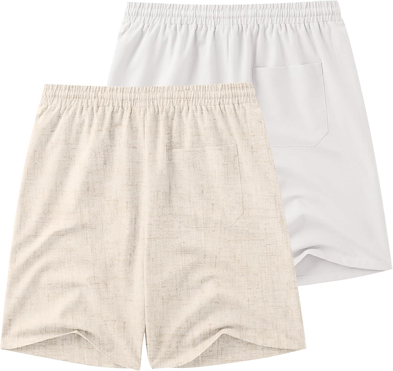 imageCOOFANDY Mens Linen Shorts Casual Drawstring Elastic Waist Lightweight Summer Vacation Beach ShortsLight Khaki White