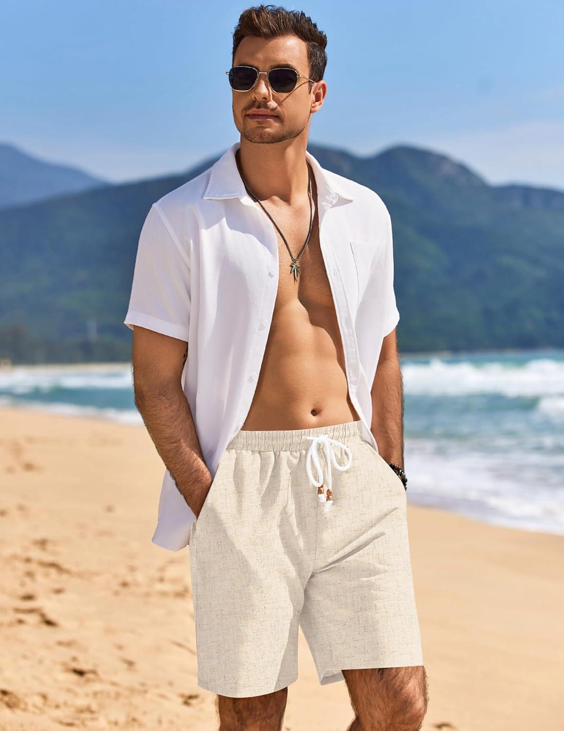 imageCOOFANDY Mens Linen Shorts Casual Drawstring Elastic Waist Lightweight Summer Vacation Beach ShortsLight Khaki