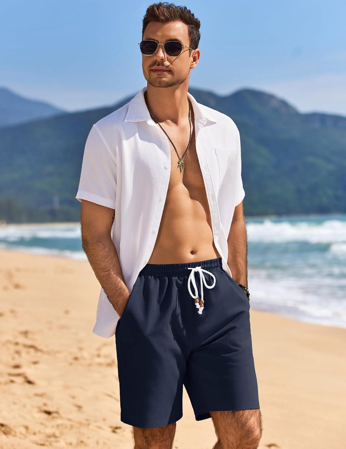 imageCOOFANDY Mens Linen Shorts Casual Drawstring Elastic Waist Lightweight Summer Vacation Beach ShortsNavy Blue