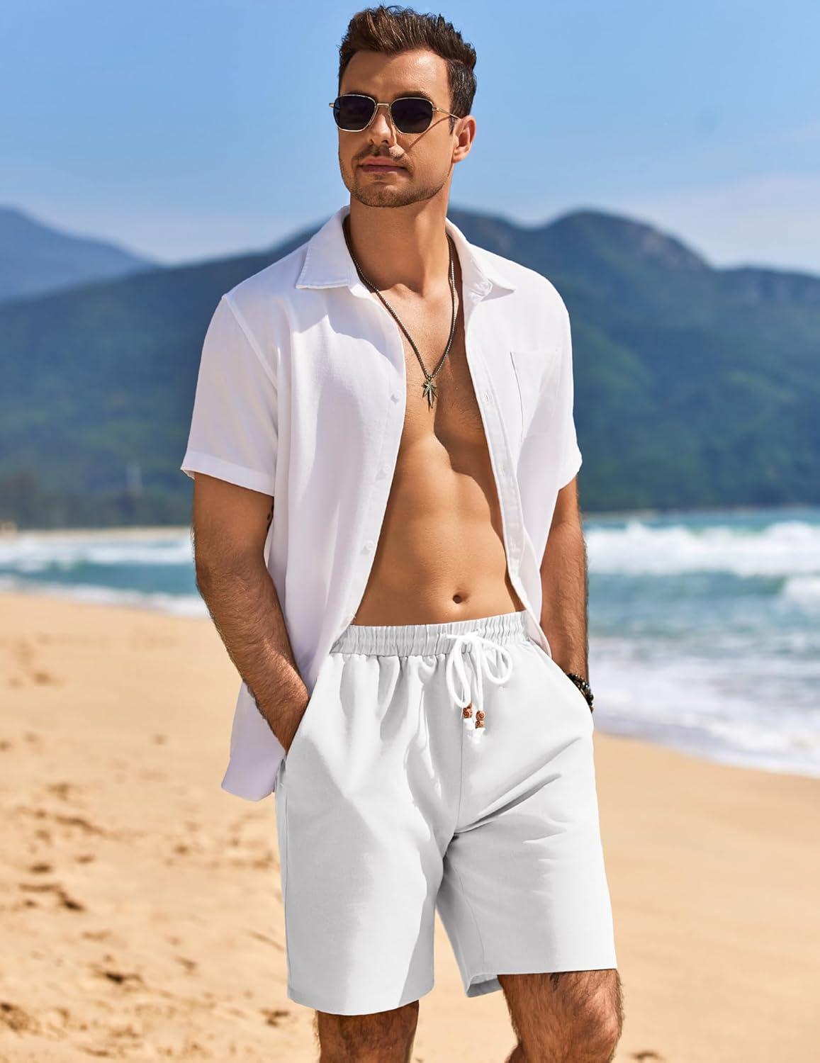 imageCOOFANDY Mens Linen Shorts Casual Drawstring Elastic Waist Lightweight Summer Vacation Beach ShortsWhite