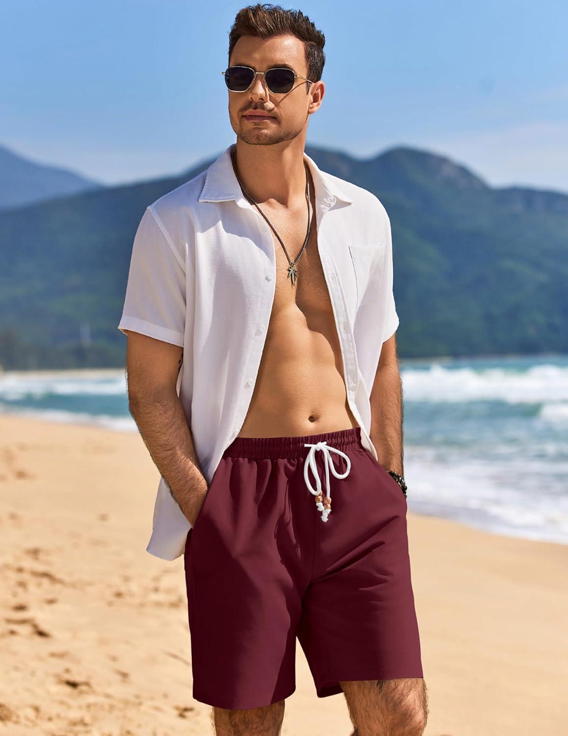 imageCOOFANDY Mens Linen Shorts Casual Drawstring Elastic Waist Lightweight Summer Vacation Beach ShortsWine Red