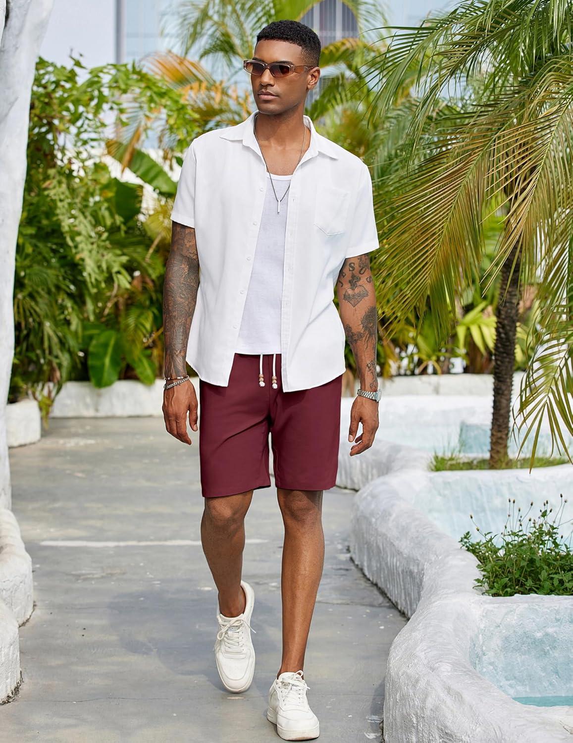 imageCOOFANDY Mens Linen Shorts Casual Drawstring Elastic Waist Lightweight Summer Vacation Beach ShortsWine Red