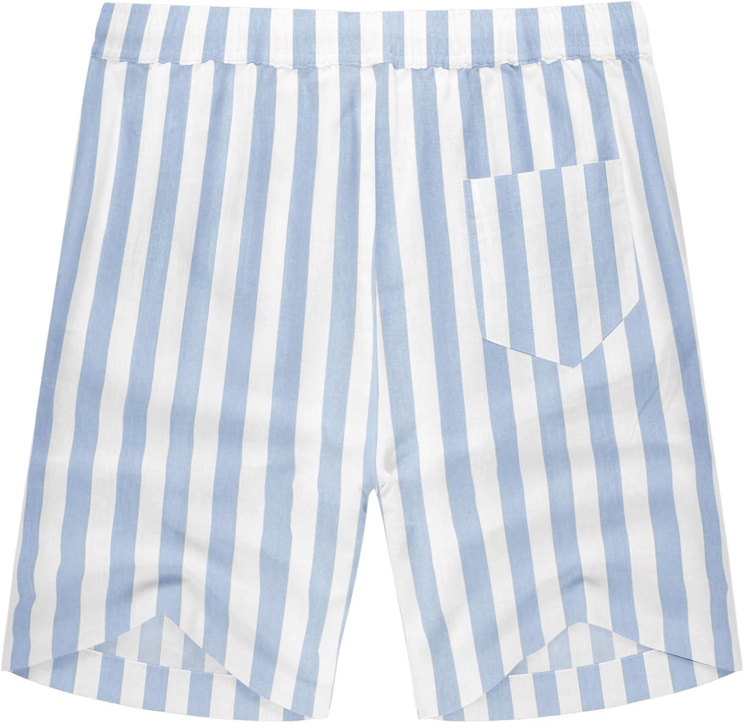 imageCOOFANDY Mens Linen Shorts Casual Elastic Waist Drawstring Summer Beach ShortsBlue Stripe