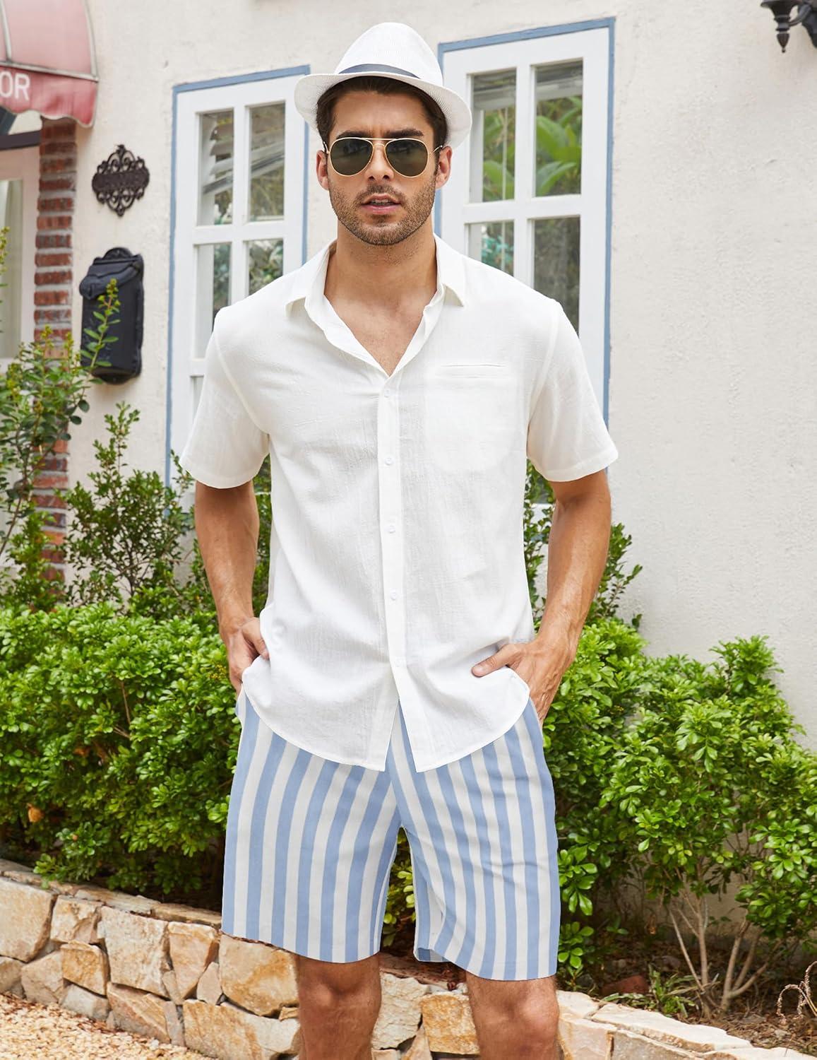 imageCOOFANDY Mens Linen Shorts Casual Elastic Waist Drawstring Summer Beach ShortsBlue Stripe