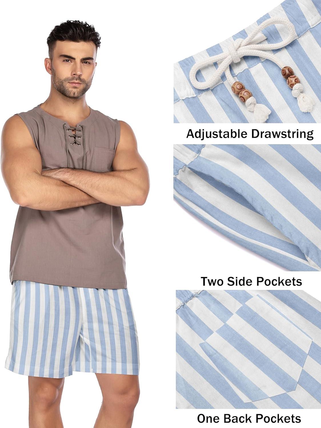 imageCOOFANDY Mens Linen Shorts Casual Elastic Waist Drawstring Summer Beach ShortsBlue Stripe