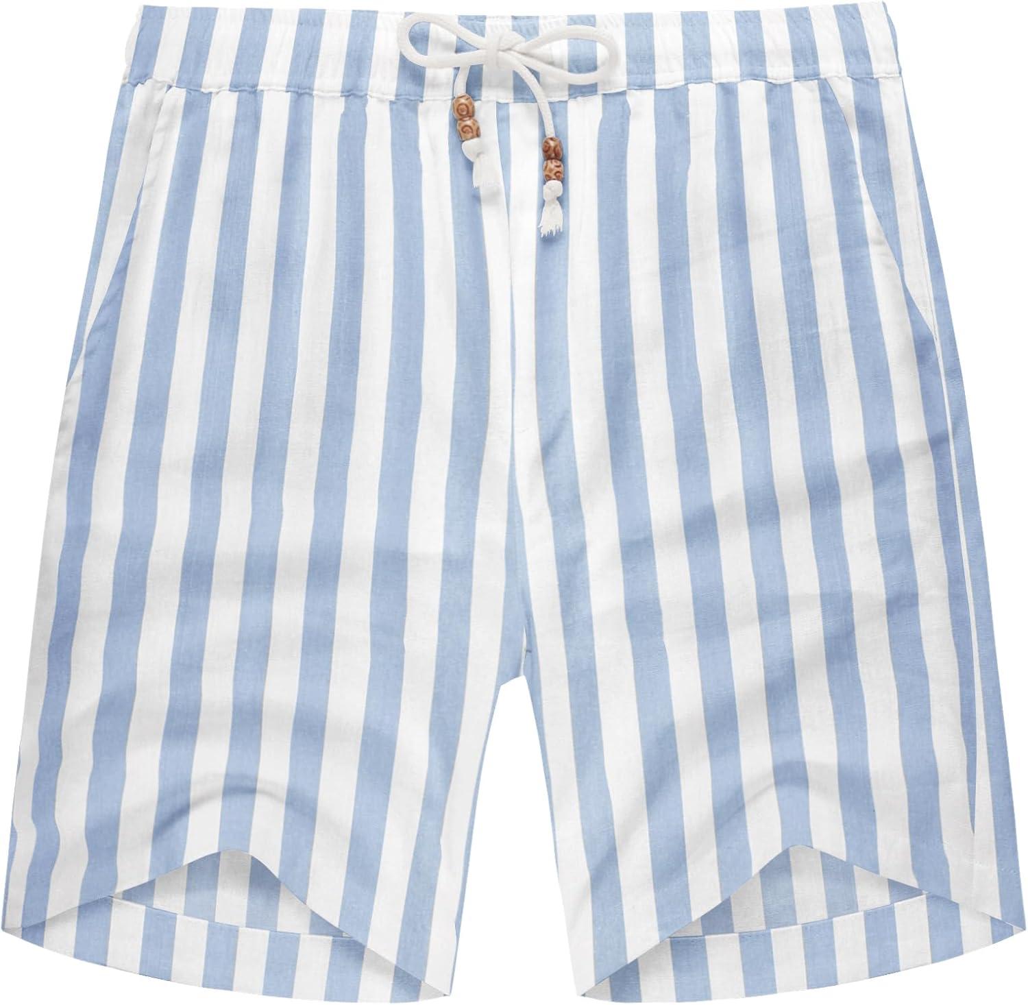 imageCOOFANDY Mens Linen Shorts Casual Elastic Waist Drawstring Summer Beach ShortsBlue Stripe