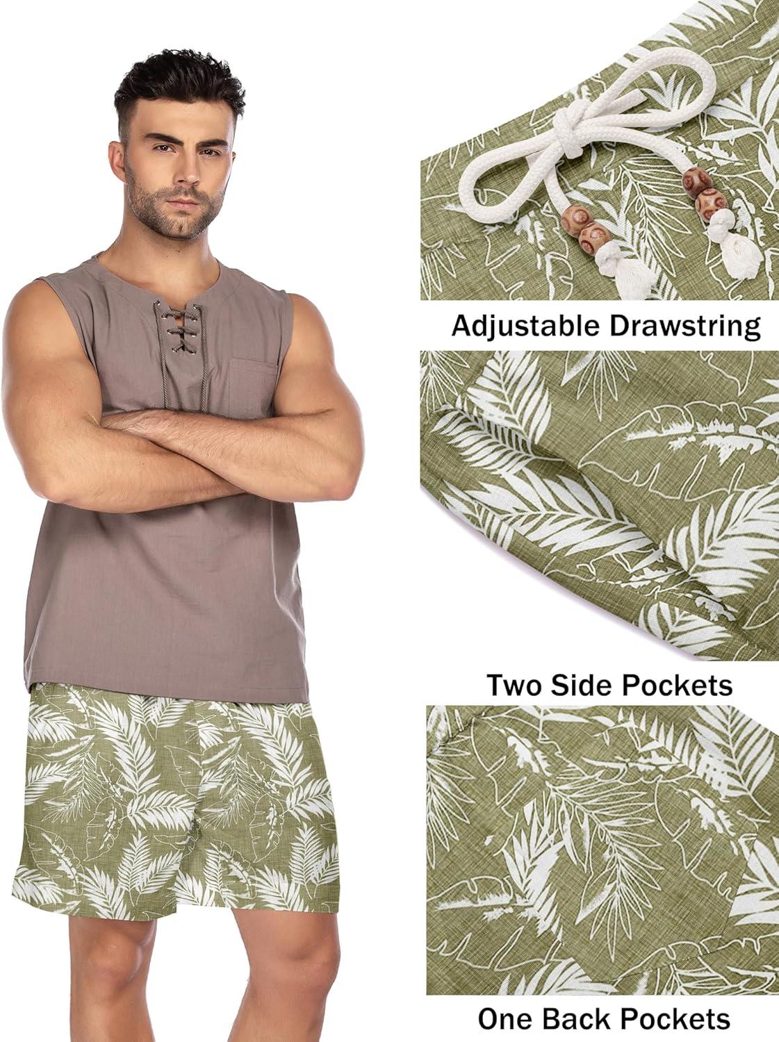 imageCOOFANDY Mens Linen Shorts Casual Elastic Waist Drawstring Summer Beach ShortsGreen Palm Leaf