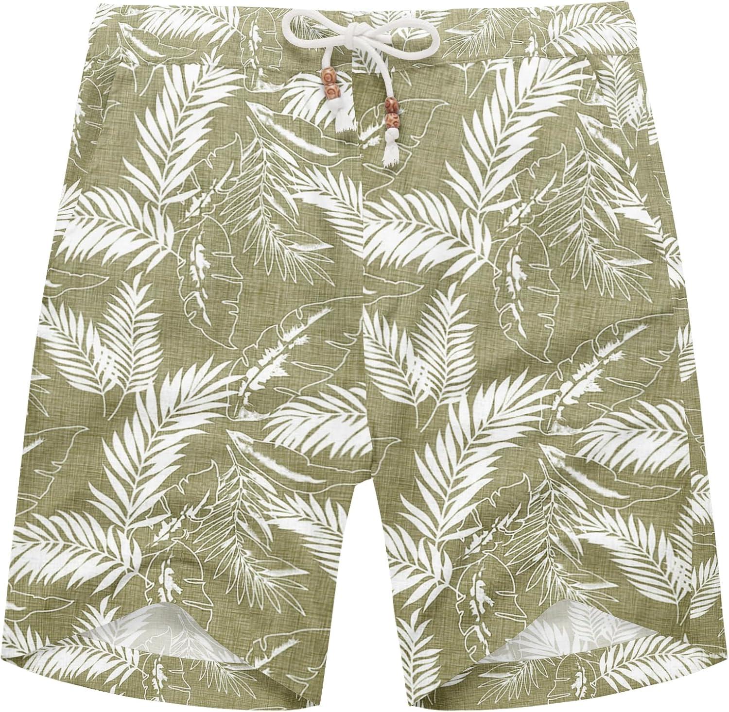 imageCOOFANDY Mens Linen Shorts Casual Elastic Waist Drawstring Summer Beach ShortsGreen Palm Leaf
