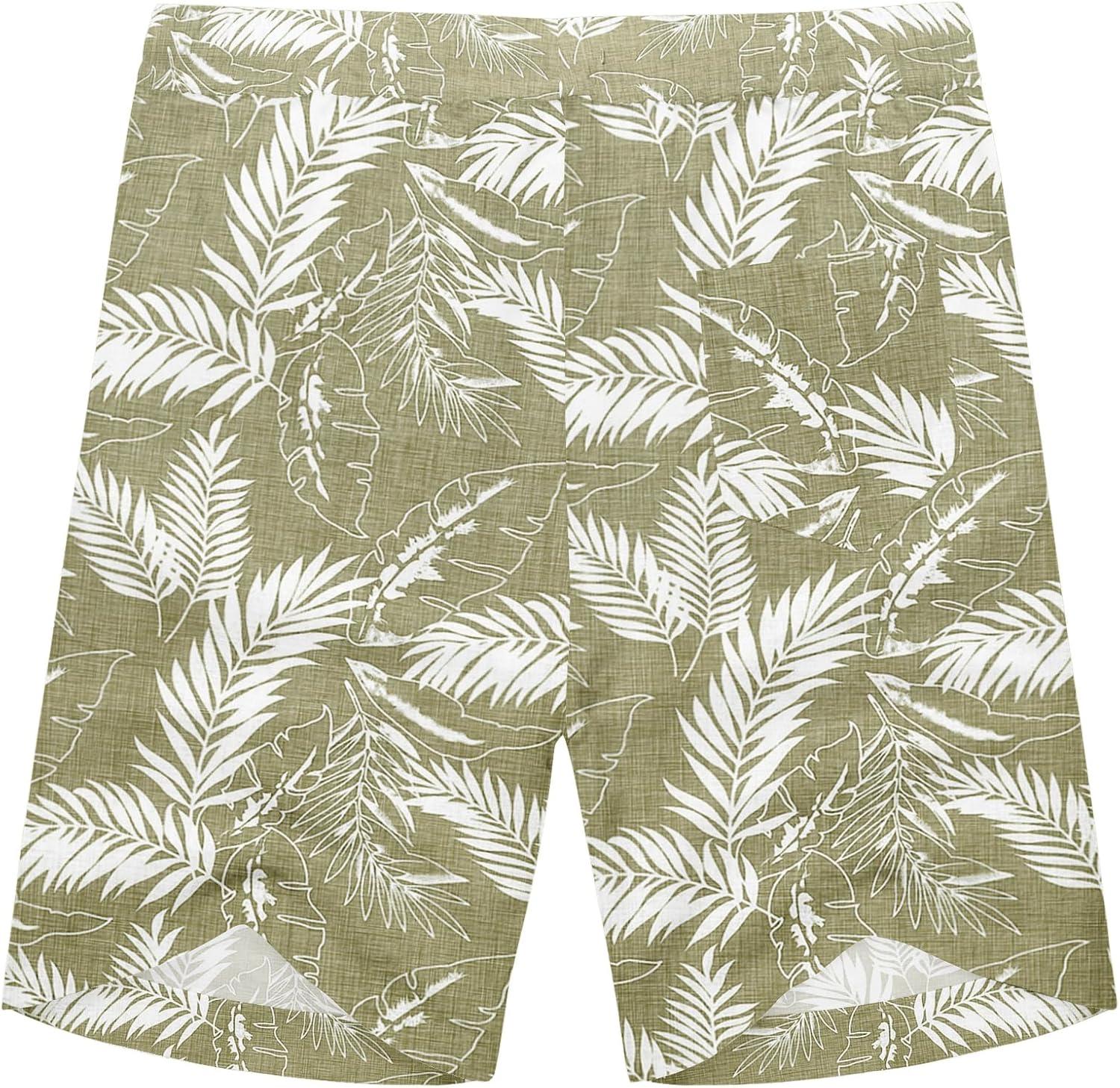 imageCOOFANDY Mens Linen Shorts Casual Elastic Waist Drawstring Summer Beach ShortsGreen Palm Leaf