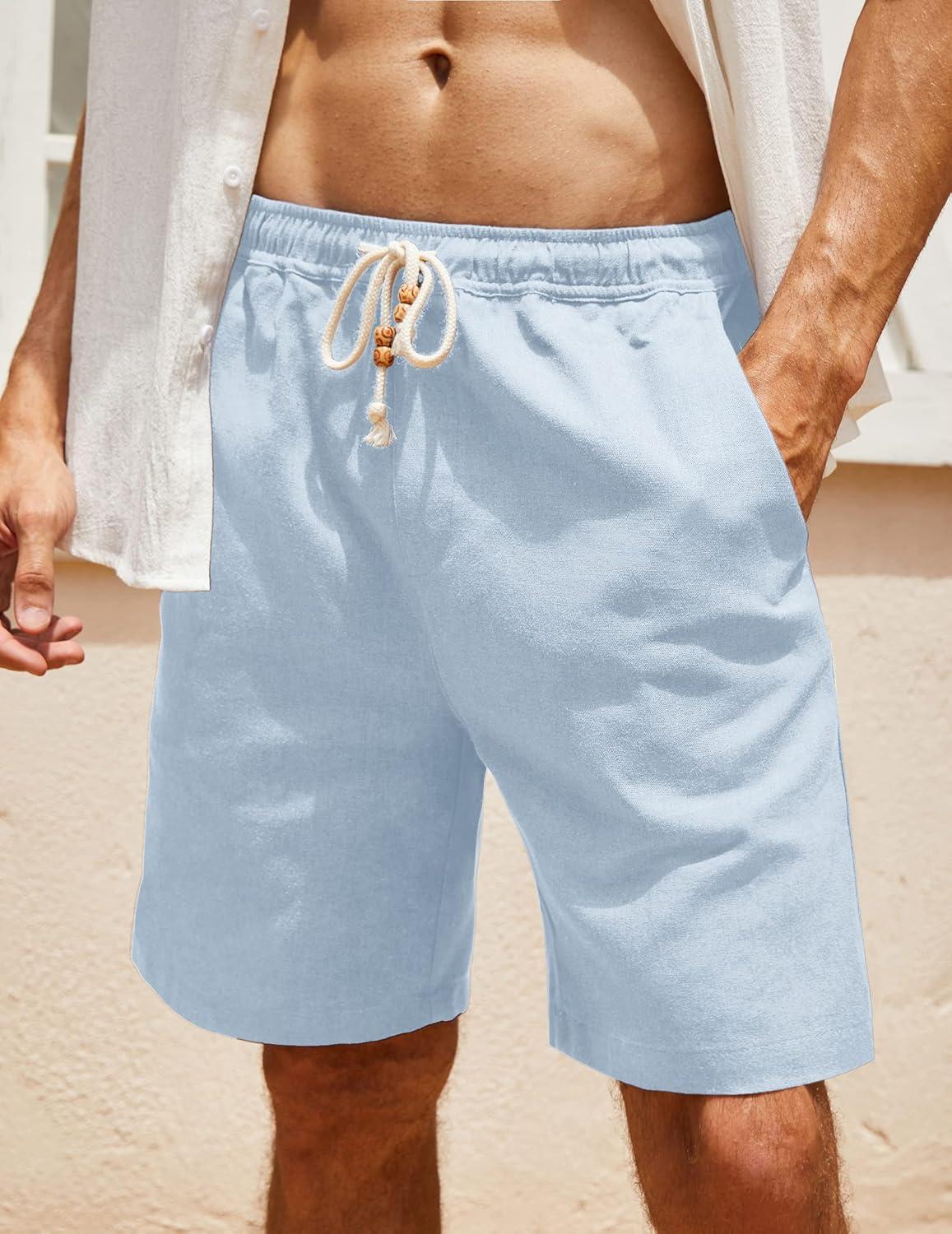 imageCOOFANDY Mens Linen Shorts Casual Elastic Waist Drawstring Summer Beach ShortsLight Blue Black