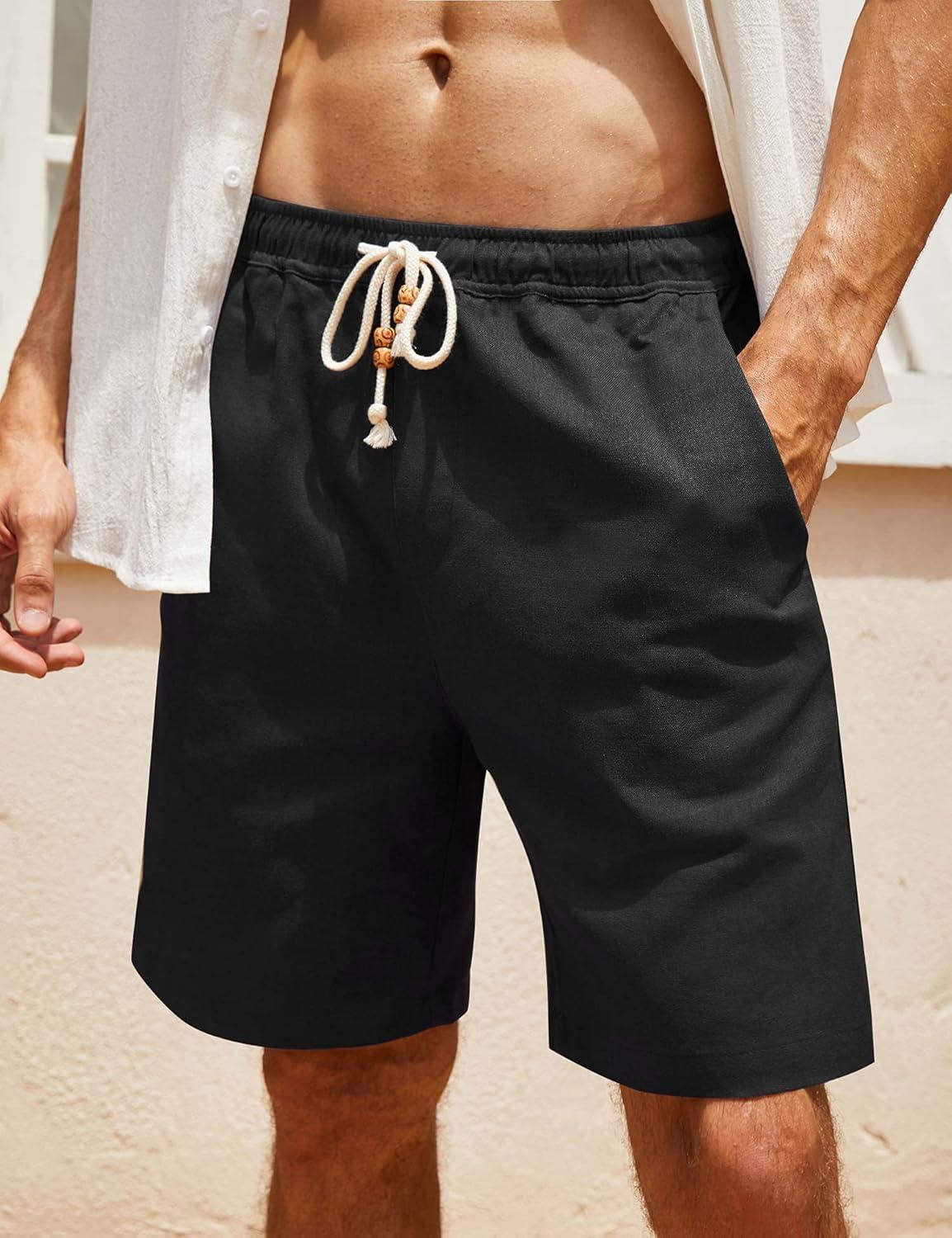 imageCOOFANDY Mens Linen Shorts Casual Elastic Waist Drawstring Summer Beach ShortsLight Blue Black