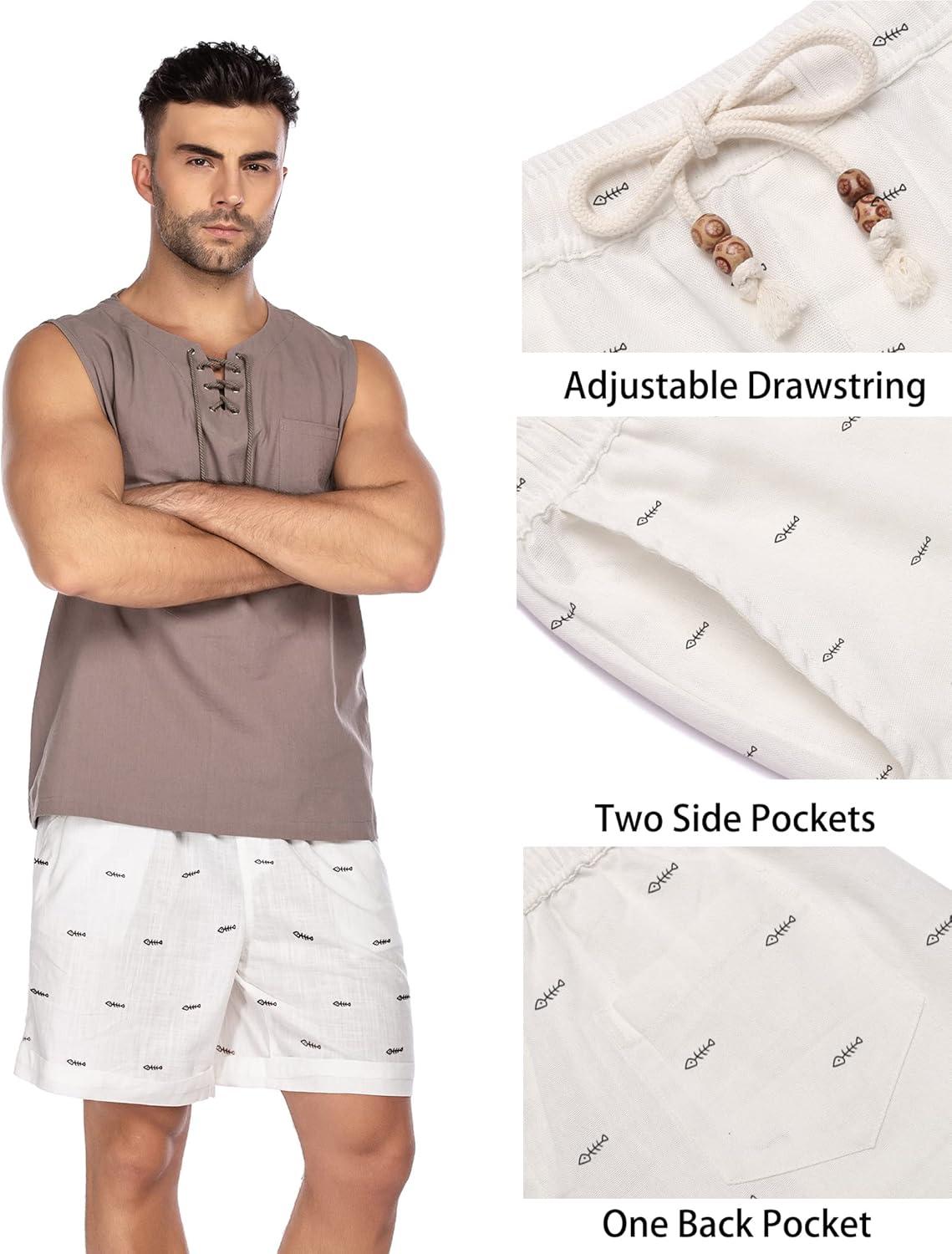 imageCOOFANDY Mens Linen Shorts Casual Elastic Waist Drawstring Summer Beach ShortsWhite Fish Bone