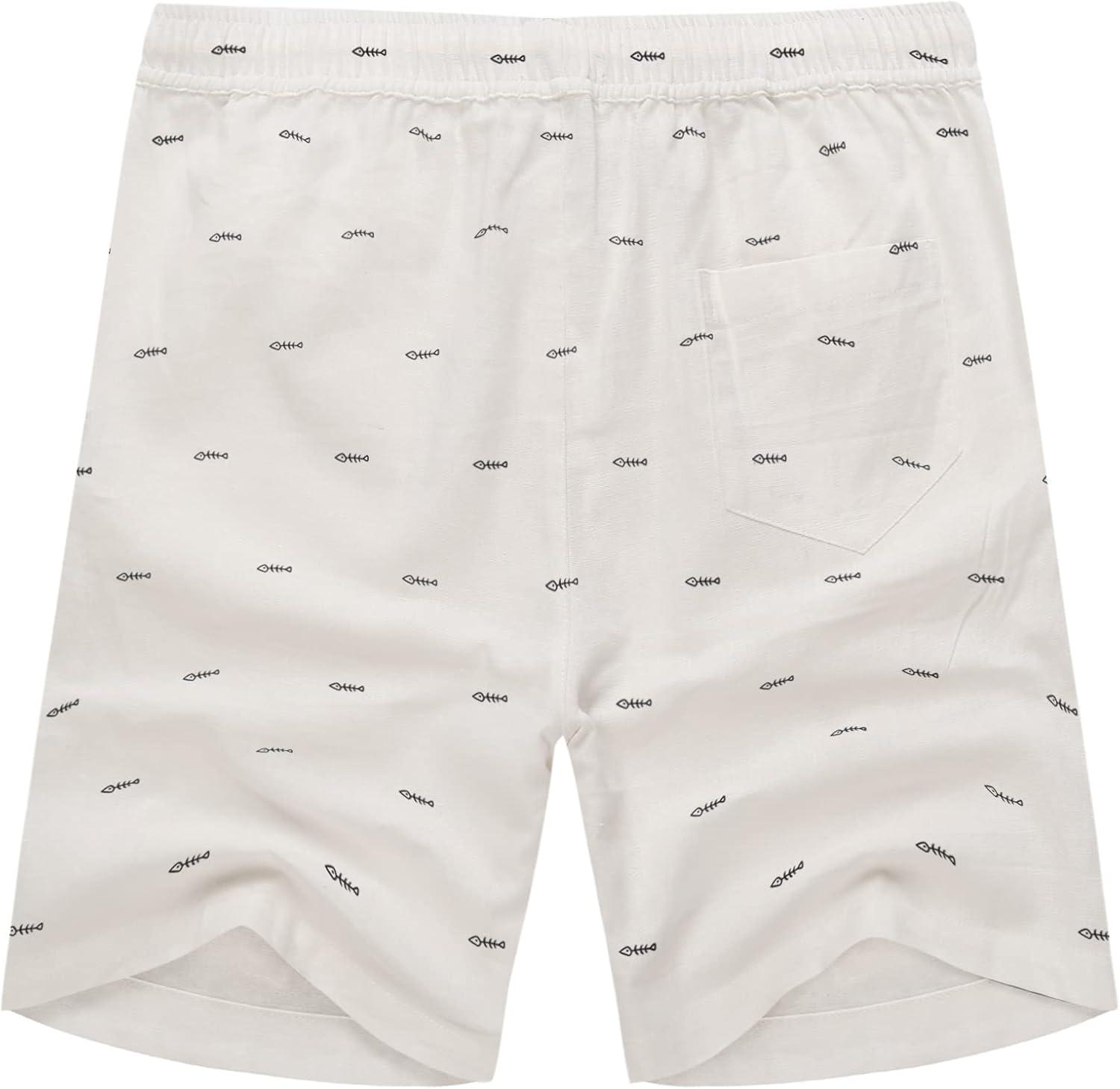 imageCOOFANDY Mens Linen Shorts Casual Elastic Waist Drawstring Summer Beach ShortsWhite Fish Bone