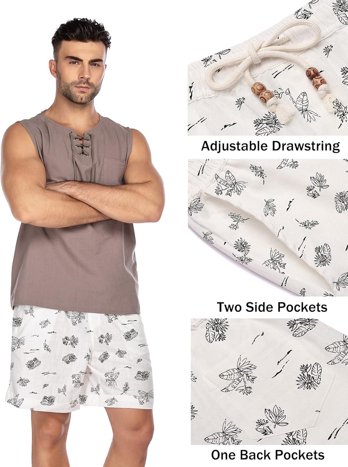 imageCOOFANDY Mens Linen Shorts Casual Elastic Waist Drawstring Summer Beach ShortsWhite Palm