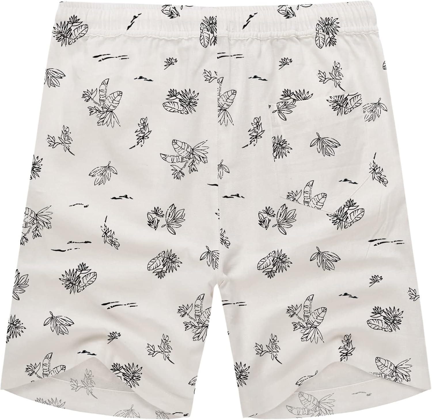 imageCOOFANDY Mens Linen Shorts Casual Elastic Waist Drawstring Summer Beach ShortsWhite Palm