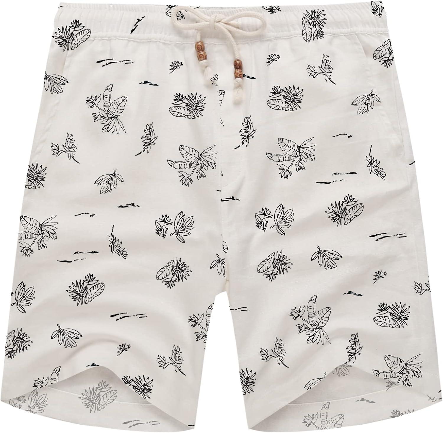 imageCOOFANDY Mens Linen Shorts Casual Elastic Waist Drawstring Summer Beach ShortsWhite Palm