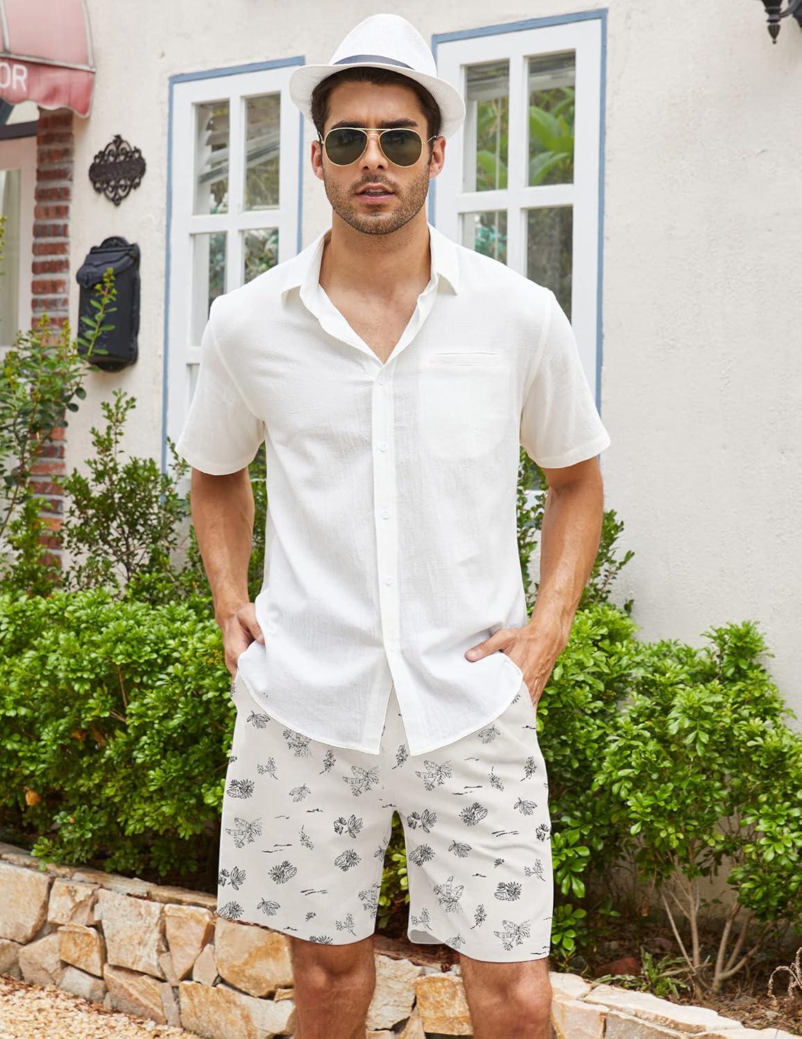 imageCOOFANDY Mens Linen Shorts Casual Elastic Waist Drawstring Summer Beach ShortsWhite Palm