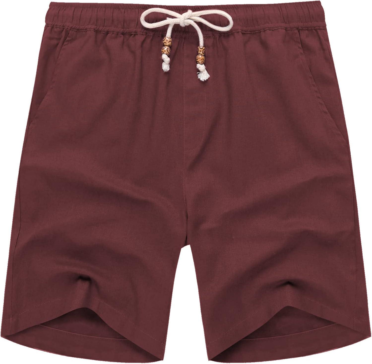 imageCOOFANDY Mens Linen Shorts Casual Elastic Waist Drawstring Summer Beach ShortsWine Red