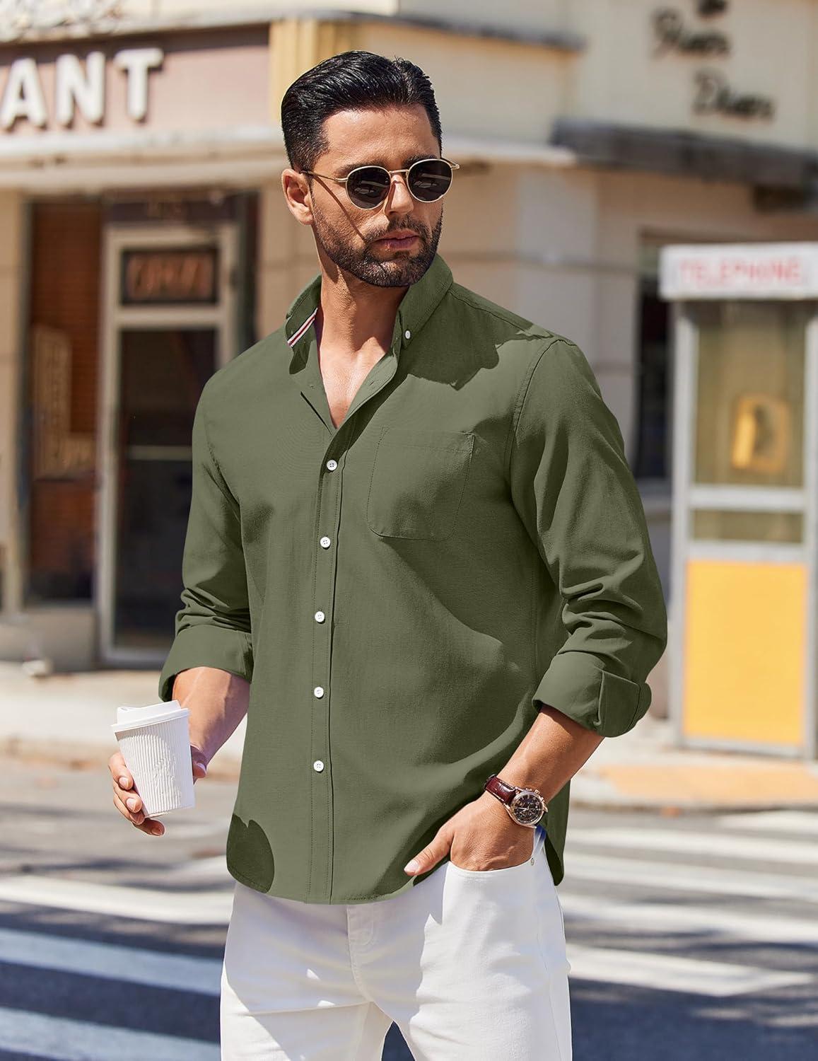 imageCOOFANDY Mens Long Sleeve Button Down Shirt Casual Untucked Shirts for Men Oxford Dress ShirtsArmy Green