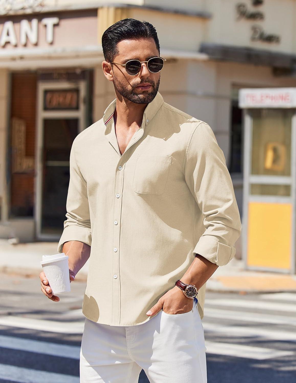 imageCOOFANDY Mens Long Sleeve Button Down Shirt Casual Untucked Shirts for Men Oxford Dress ShirtsBeige