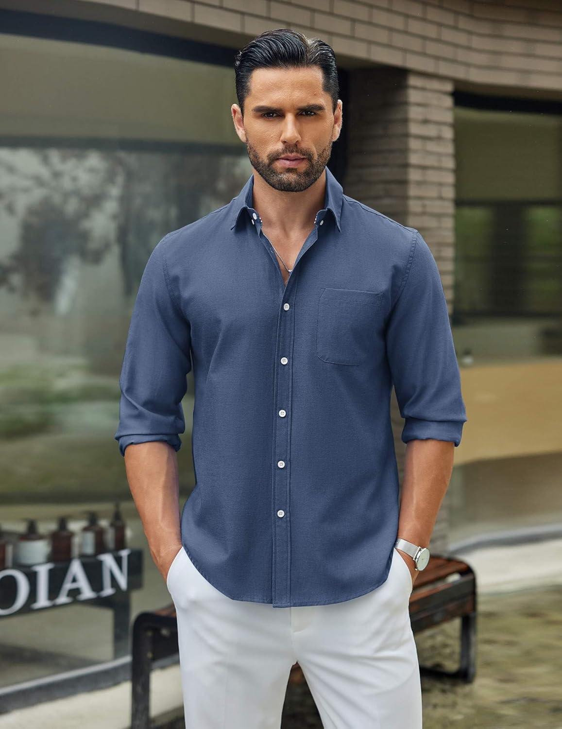 imageCOOFANDY Mens Long Sleeve Button Down Shirt Casual Untucked Shirts for Men Oxford Dress ShirtsDenim Blue