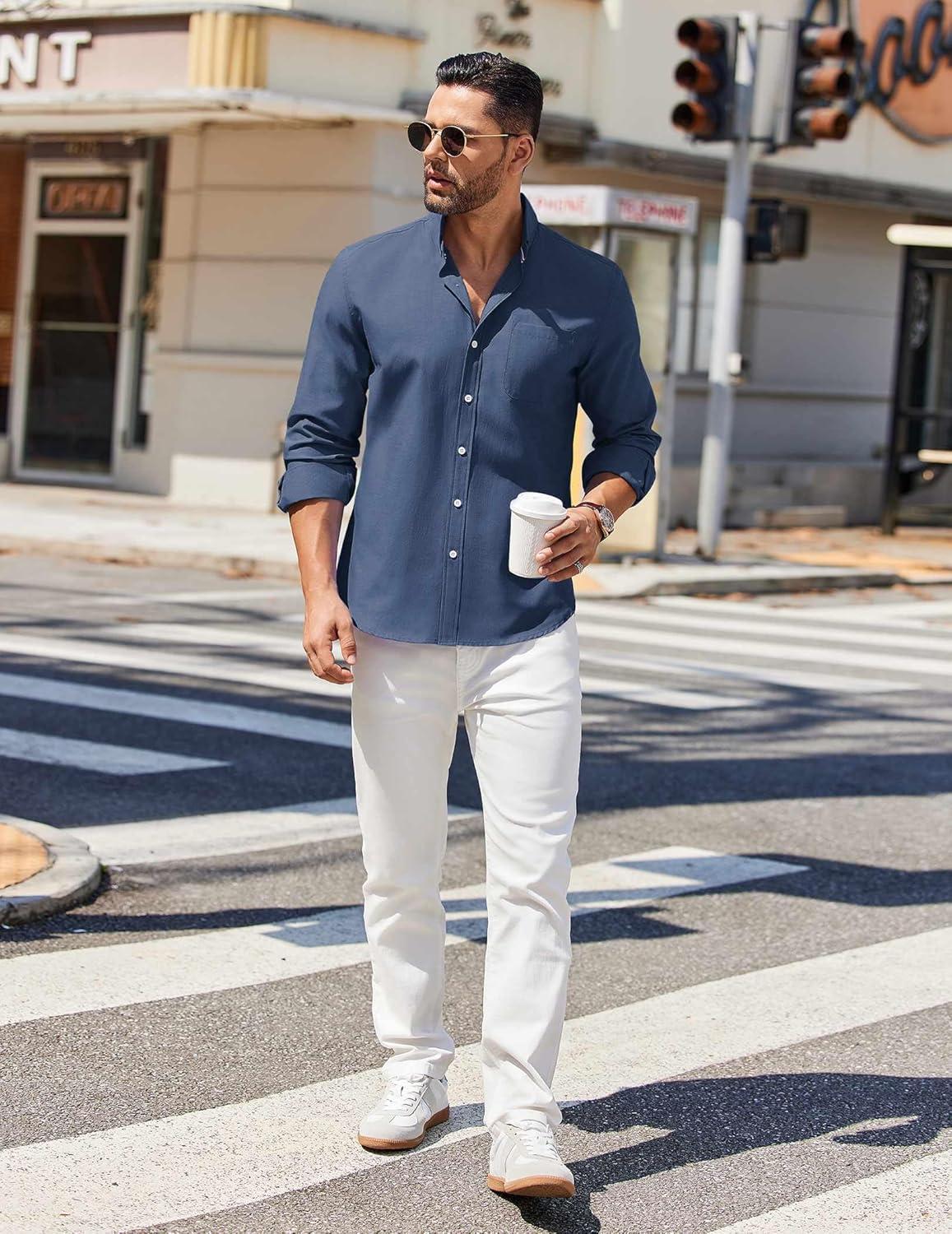 imageCOOFANDY Mens Long Sleeve Button Down Shirt Casual Untucked Shirts for Men Oxford Dress ShirtsDenim Blue